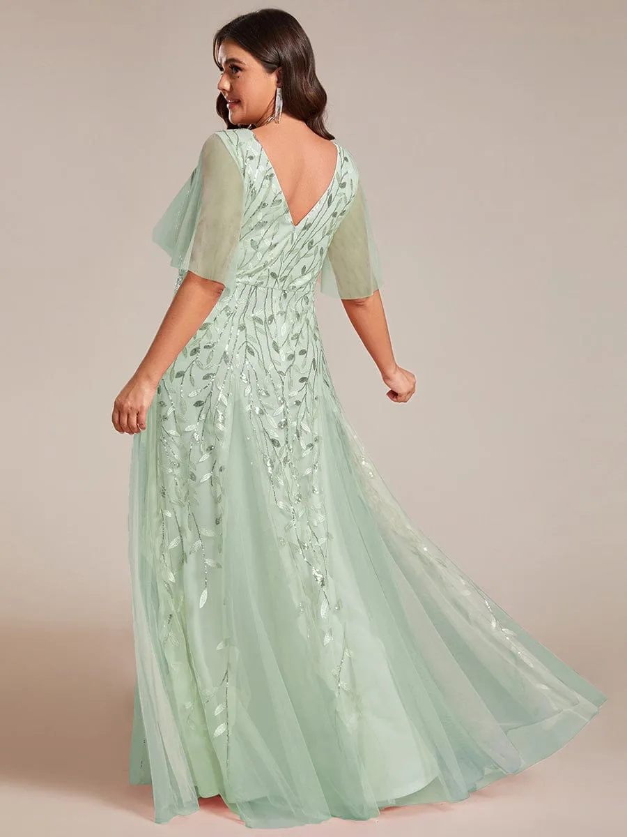 Romantic Shimmery V Neck Ruffle Sleeves Maxi Long Mother of the Bride Dress