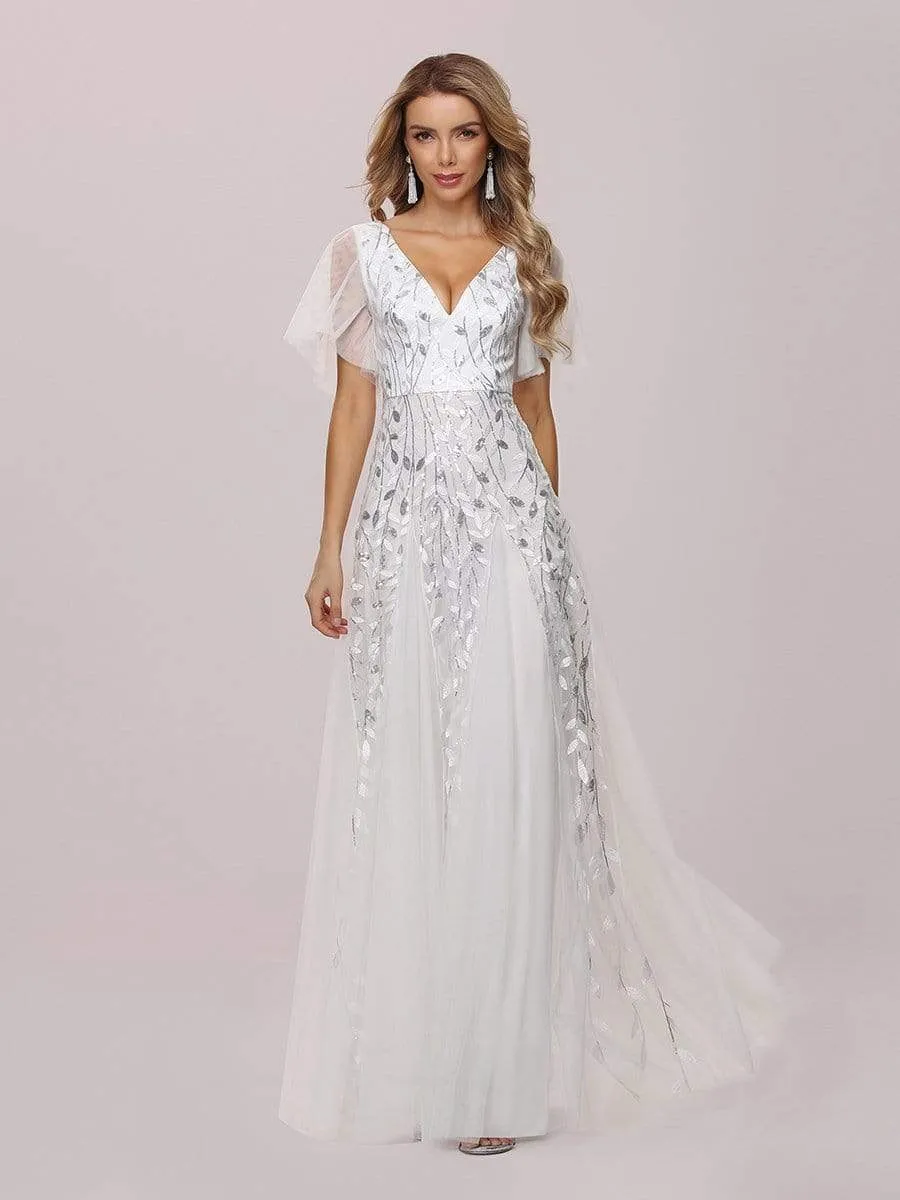 Romantic Shimmery V Neck Ruffle Sleeves Maxi Long Mother of the Bride Dress