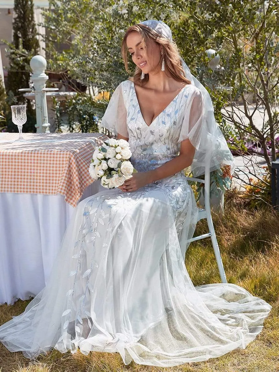 Romantic Shimmery V Neck Ruffle Sleeves Maxi Long Mother of the Bride Dress