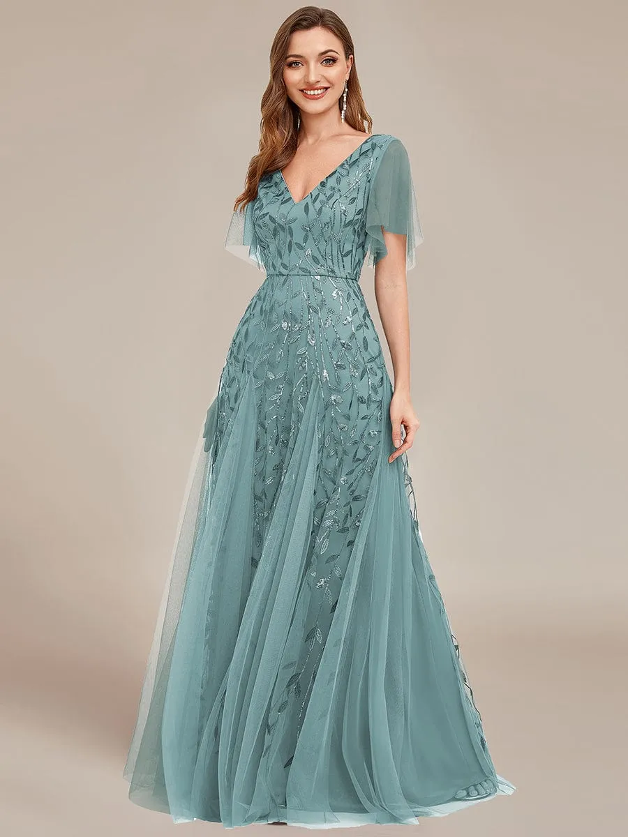 Romantic Shimmery V Neck Ruffle Sleeves Maxi Long Mother of the Bride Dress