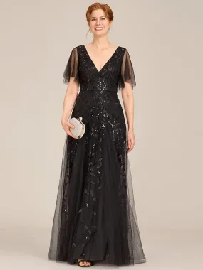 Romantic Shimmery V Neck Ruffle Sleeves Maxi Long Mother of the Bride Dress