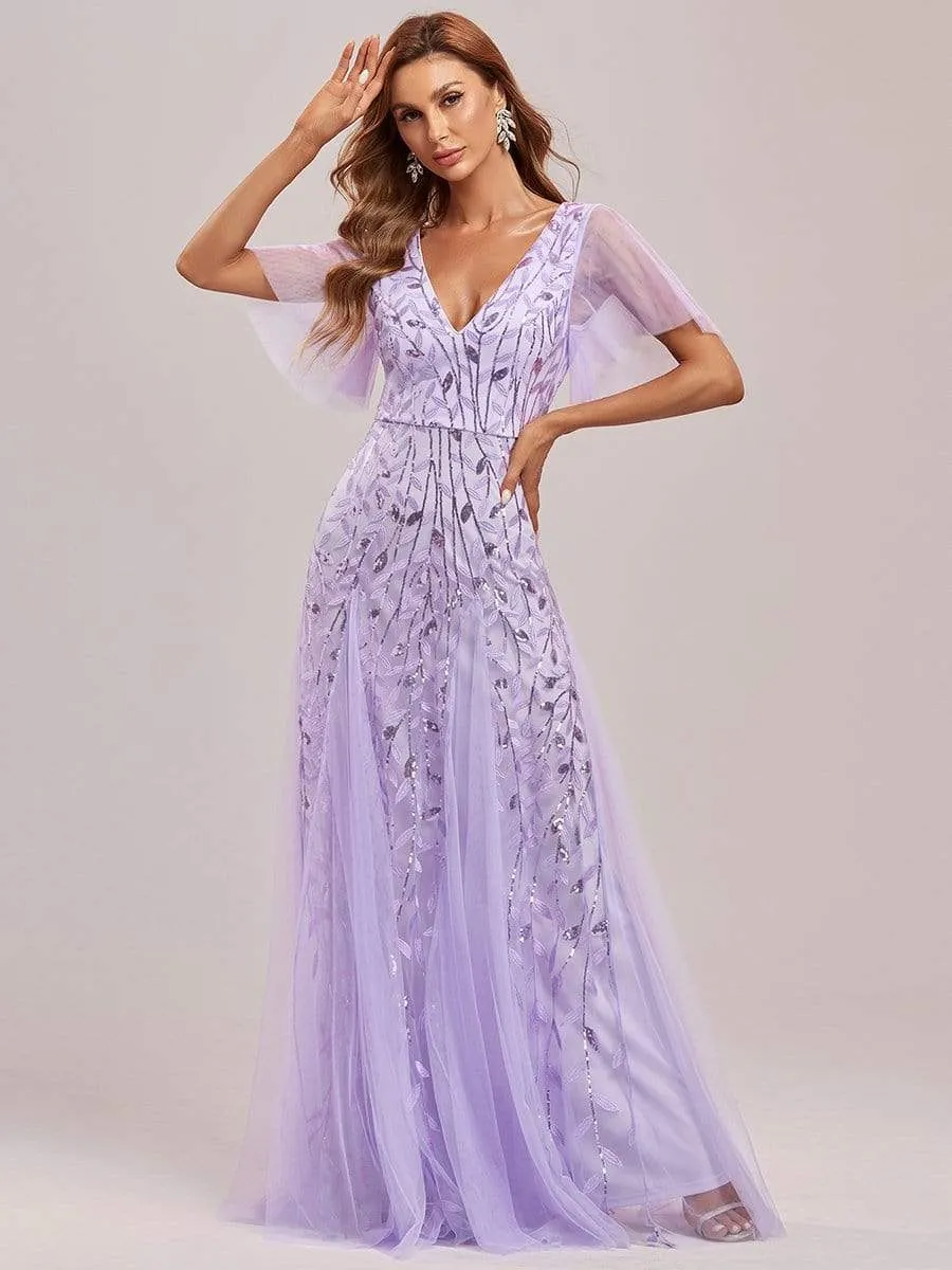 Romantic Shimmery V Neck Ruffle Sleeves Maxi Long Mother of the Bride Dress