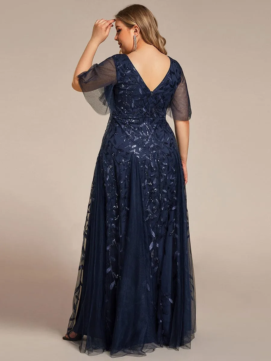 Romantic Shimmery V Neck Ruffle Sleeves Maxi Long Mother of the Bride Dress