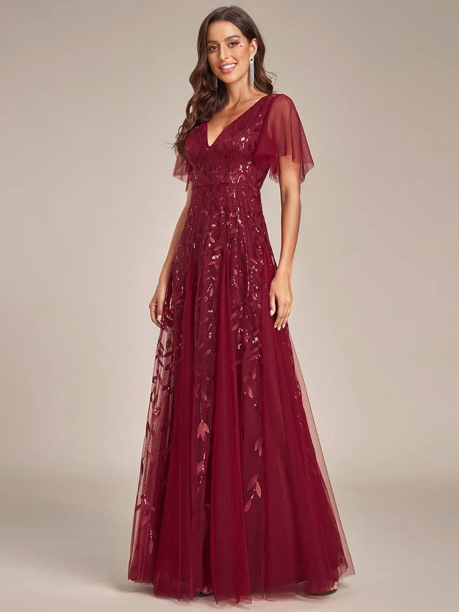 Romantic Shimmery V Neck Ruffle Sleeves Maxi Long Mother of the Bride Dress