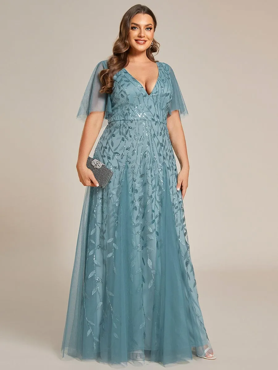 Romantic Shimmery V Neck Ruffle Sleeves Maxi Long Mother of the Bride Dress