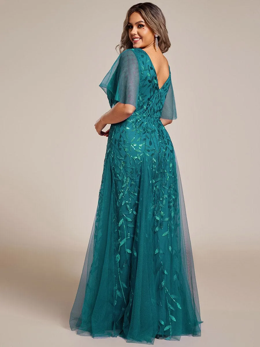 Romantic Shimmery V Neck Ruffle Sleeves Maxi Long Mother of the Bride Dress