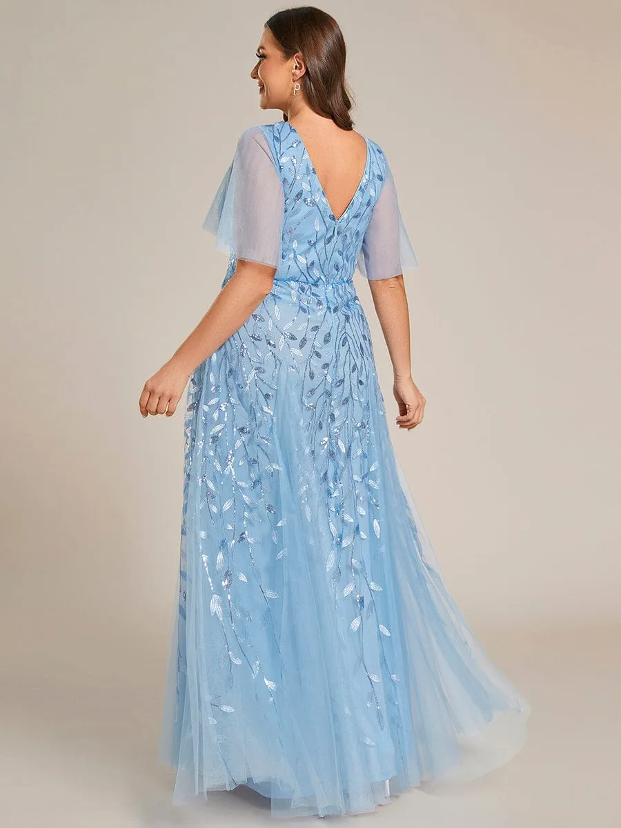 Romantic Shimmery V Neck Ruffle Sleeves Maxi Long Mother of the Bride Dress