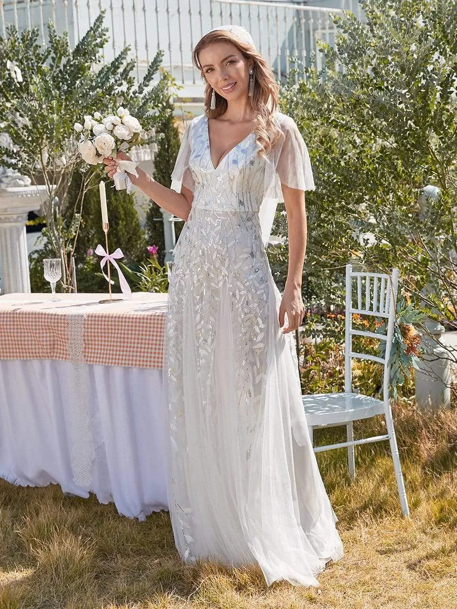 Romantic Shimmery V Neck Ruffle Sleeves Maxi Long Mother of the Bride Dress