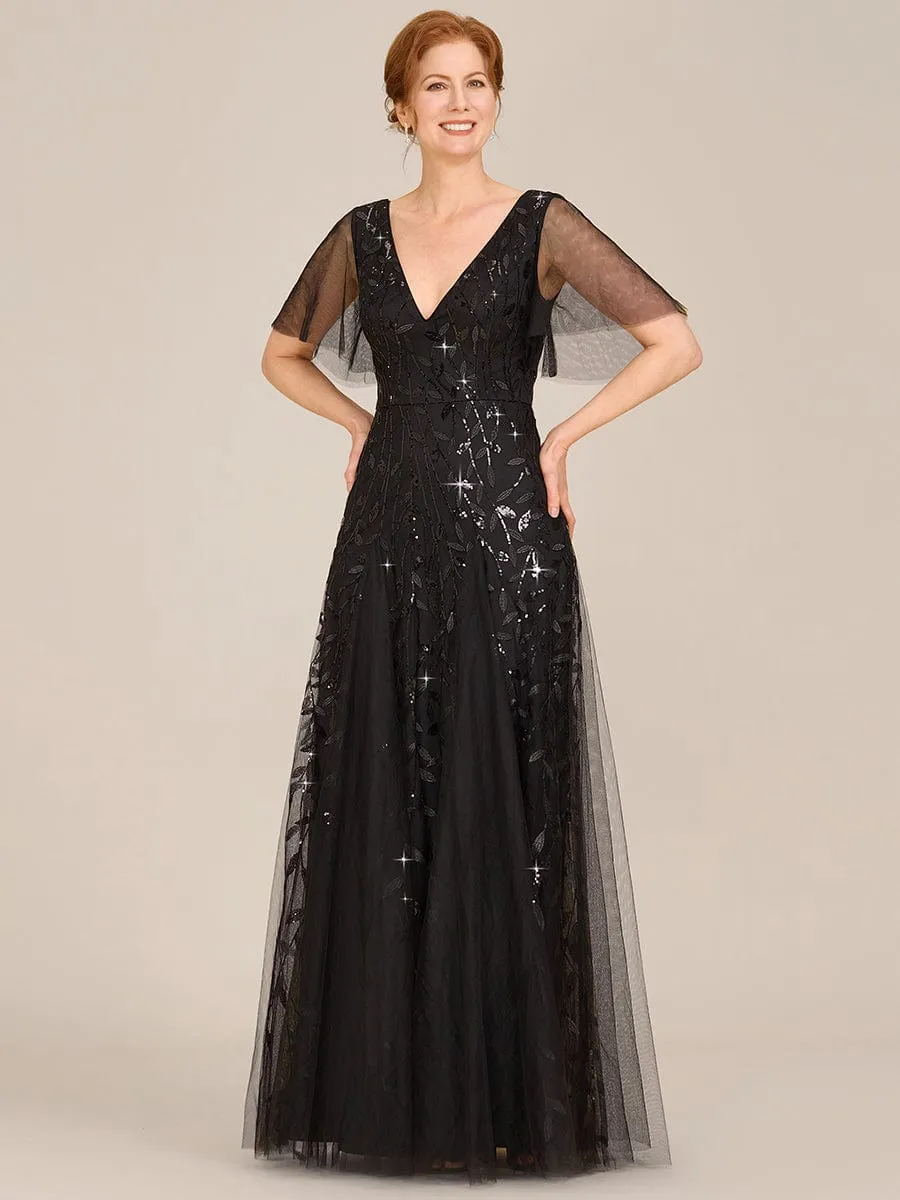 Romantic Shimmery V Neck Ruffle Sleeves Maxi Long Mother of the Bride Dress