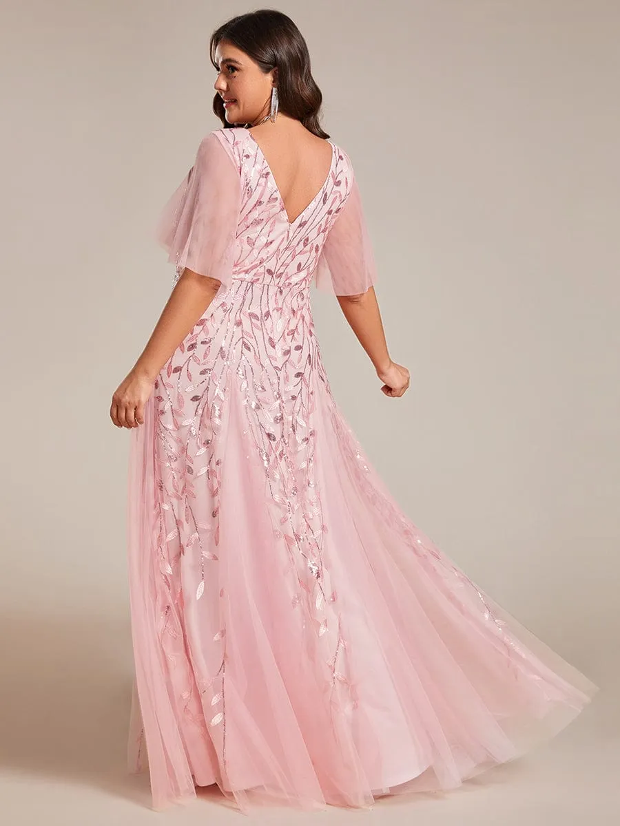 Romantic Shimmery V Neck Ruffle Sleeves Maxi Long Mother of the Bride Dress