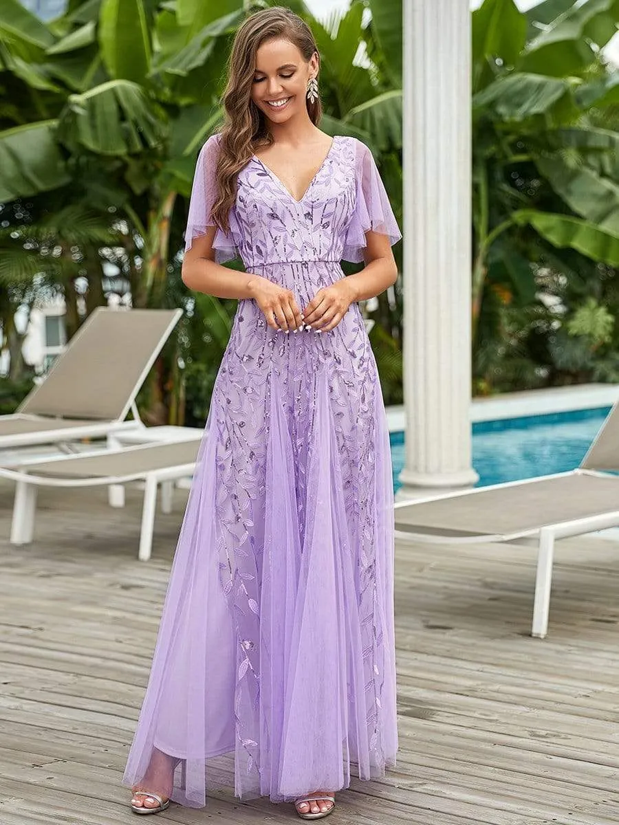 Romantic Shimmery V Neck Ruffle Sleeves Maxi Long Mother of the Bride Dress