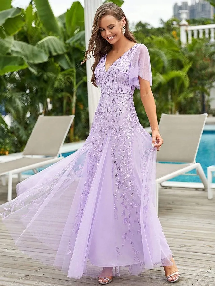 Romantic Shimmery V Neck Ruffle Sleeves Maxi Long Mother of the Bride Dress