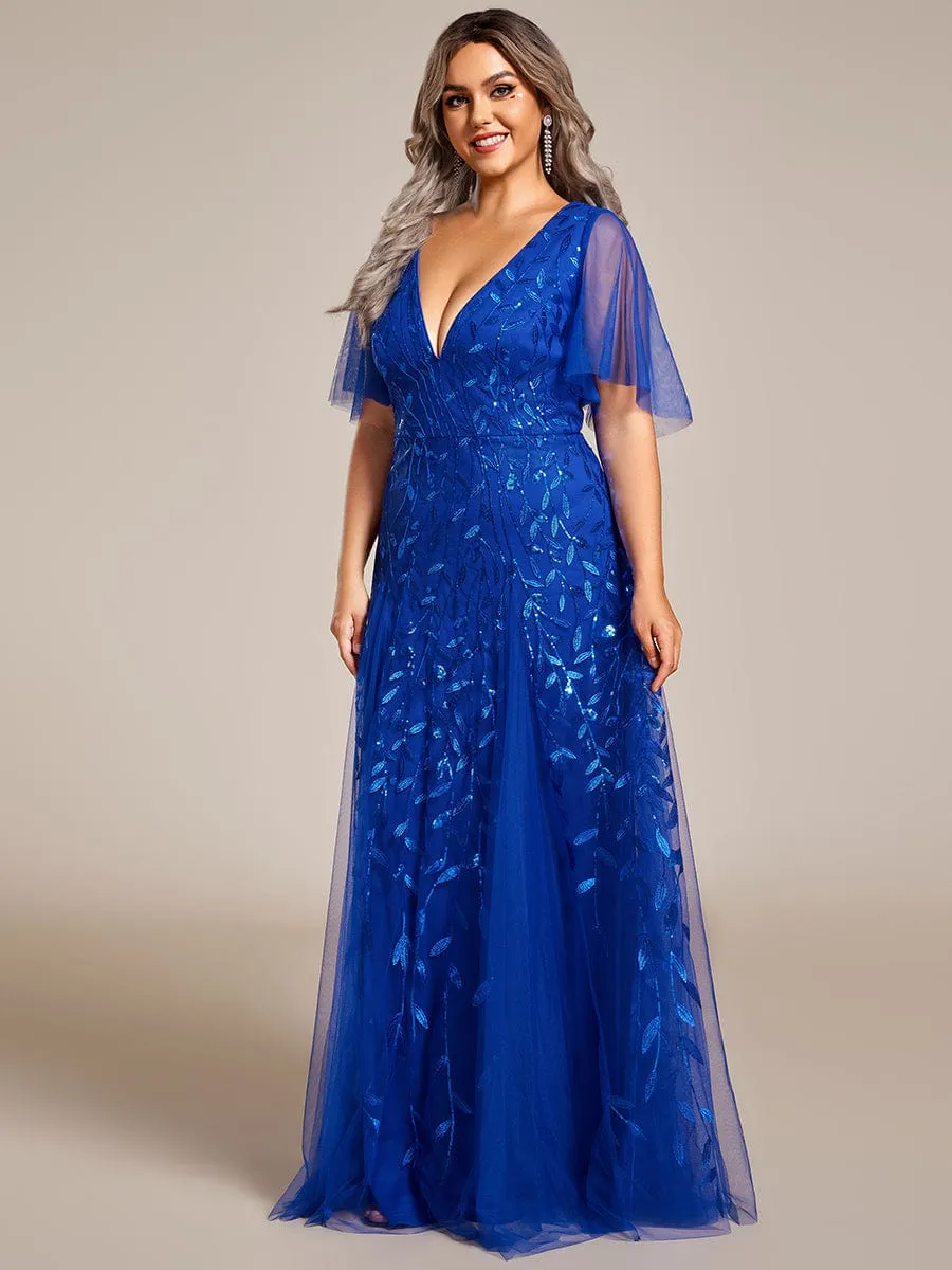 Romantic Shimmery V Neck Ruffle Sleeves Maxi Long Mother of the Bride Dress