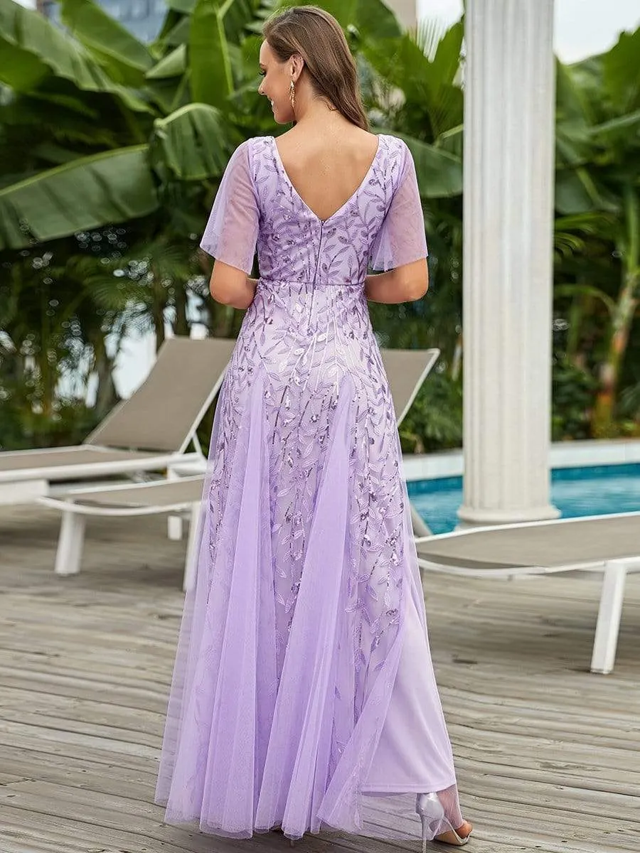 Romantic Shimmery V Neck Ruffle Sleeves Maxi Long Mother of the Bride Dress