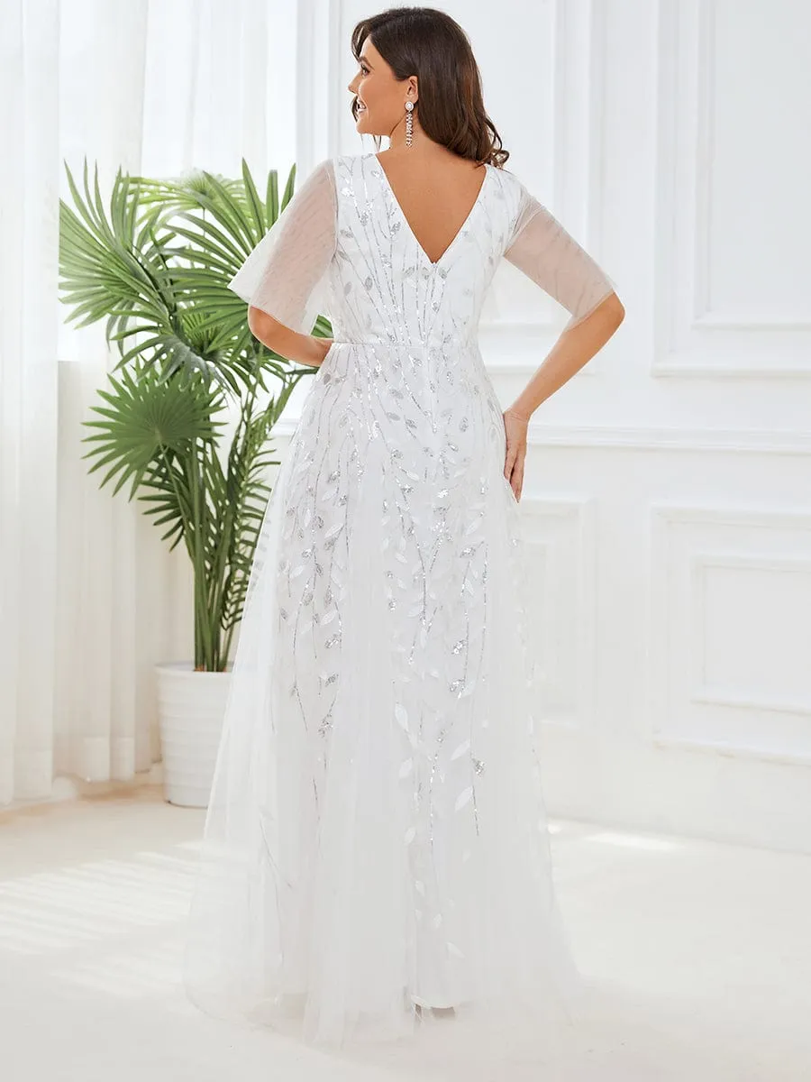 Romantic Shimmery V Neck Ruffle Sleeves Maxi Long Mother of the Bride Dress