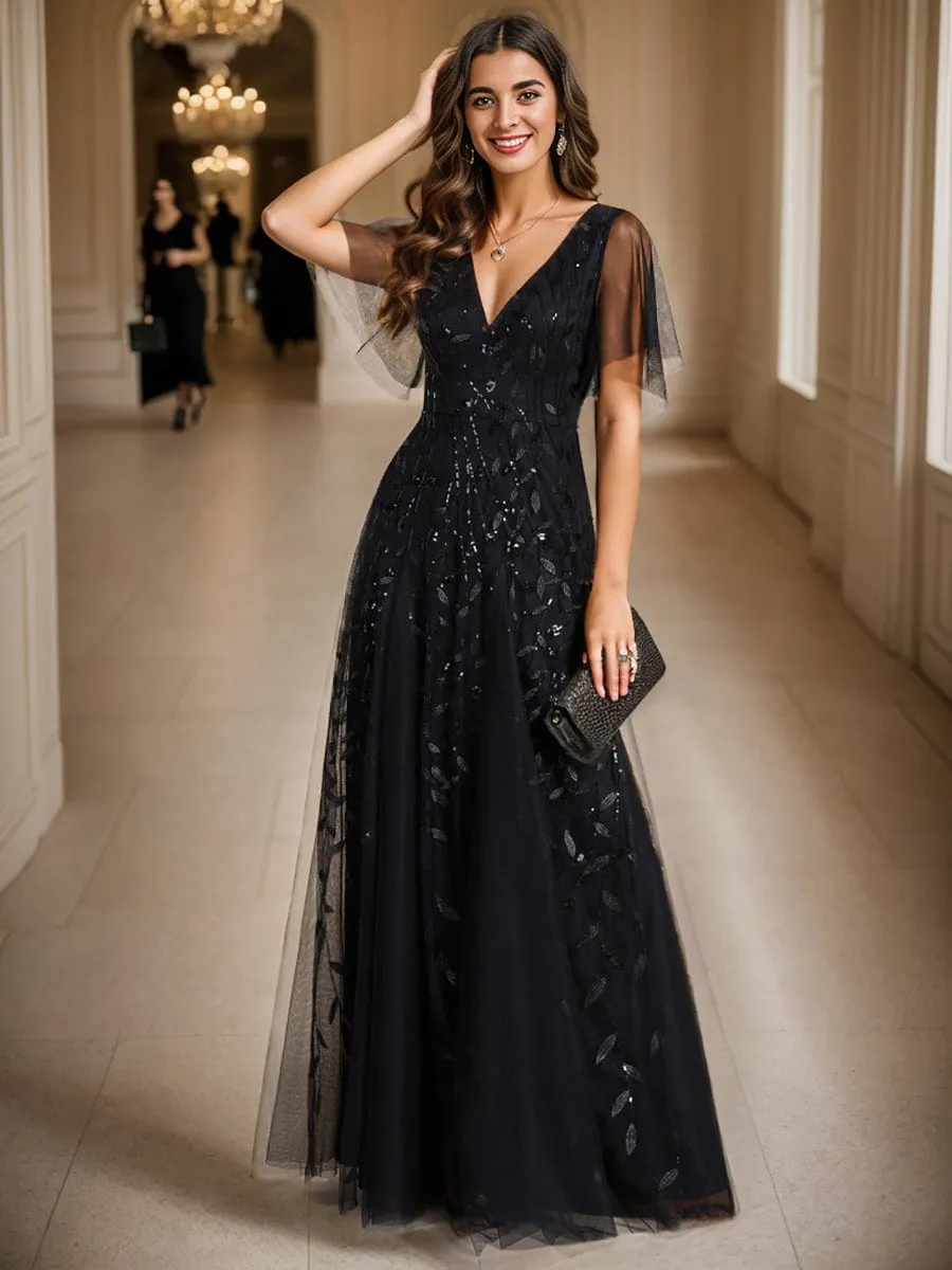 Romantic Shimmery V Neck Ruffle Sleeves Maxi Long Mother of the Bride Dress