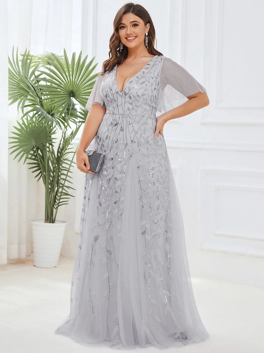 Romantic Shimmery V Neck Ruffle Sleeves Maxi Long Mother of the Bride Dress