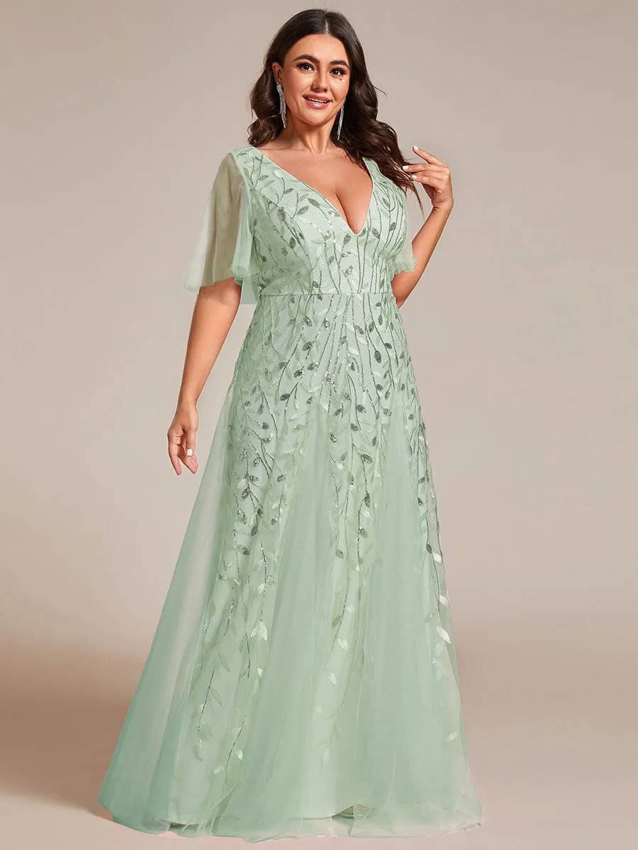 Romantic Shimmery V Neck Ruffle Sleeves Maxi Long Mother of the Bride Dress