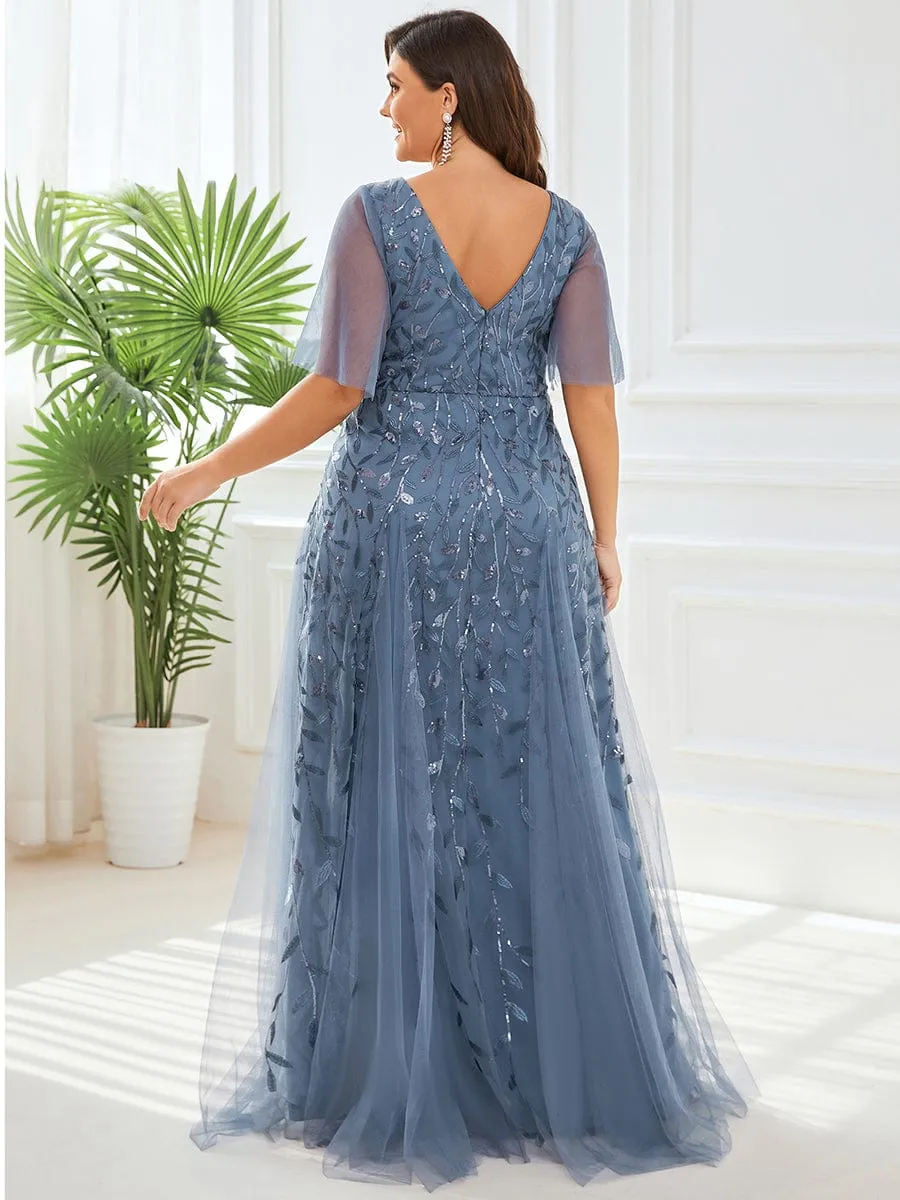 Romantic Shimmery V Neck Ruffle Sleeves Maxi Long Mother of the Bride Dress