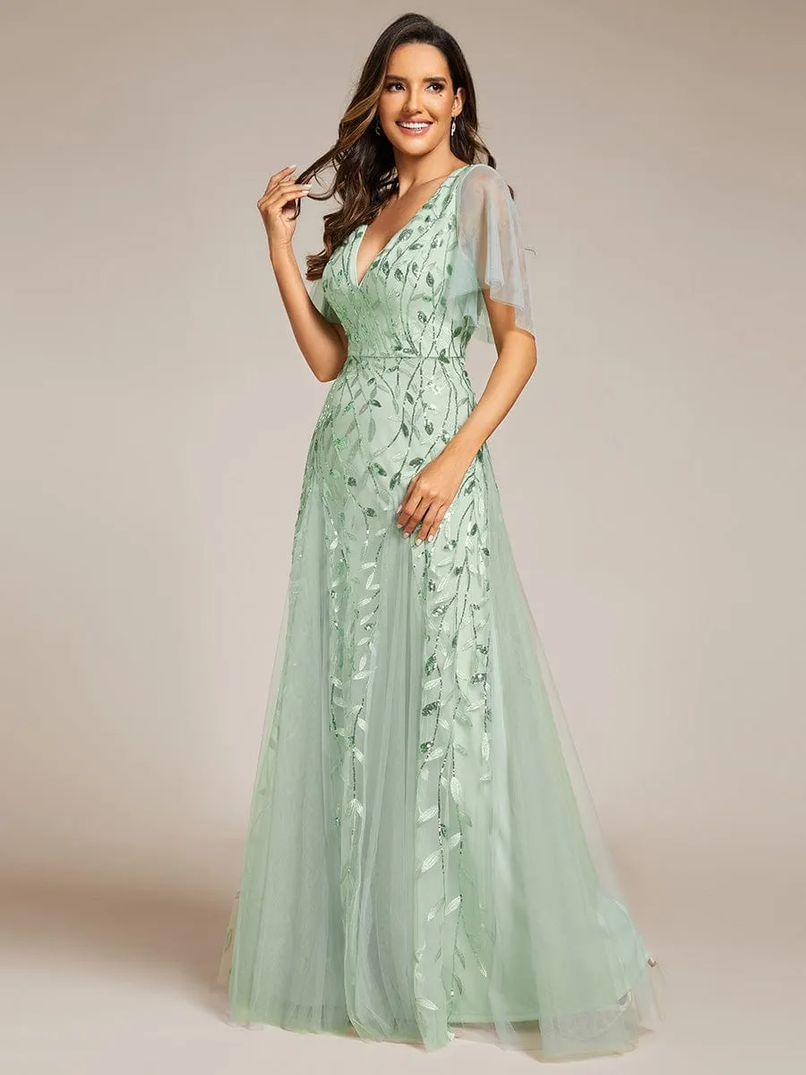 Romantic Shimmery V Neck Ruffle Sleeves Maxi Long Mother of the Bride Dress