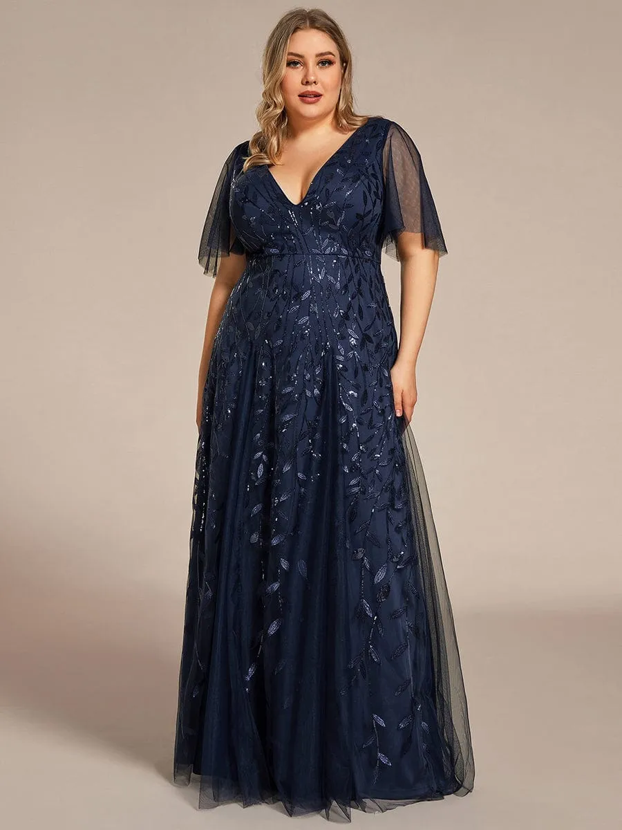 Romantic Shimmery V Neck Ruffle Sleeves Maxi Long Mother of the Bride Dress