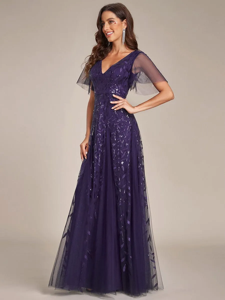 Romantic Shimmery V Neck Ruffle Sleeves Maxi Long Mother of the Bride Dress