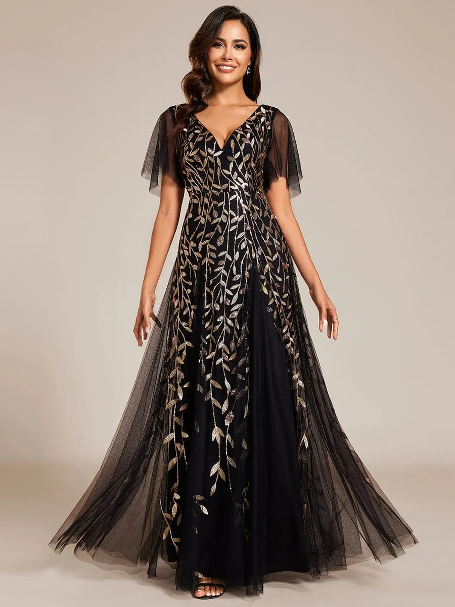 Romantic Shimmery V Neck Ruffle Sleeves Maxi Long Mother of the Bride Dress