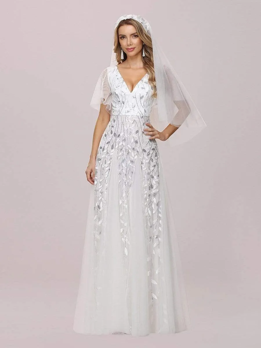 Romantic Shimmery V Neck Ruffle Sleeves Maxi Long Mother of the Bride Dress