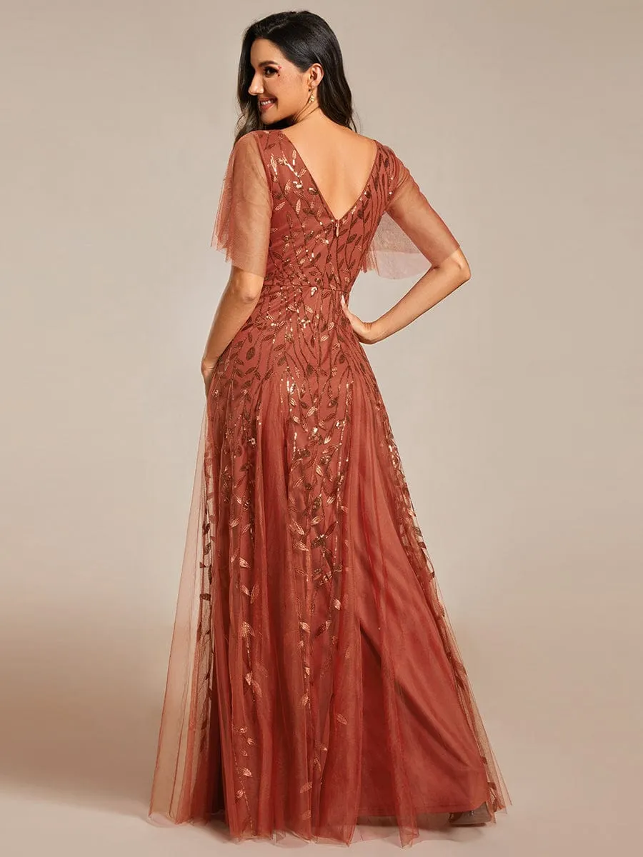 Romantic Shimmery V Neck Ruffle Sleeves Maxi Long Mother of the Bride Dress