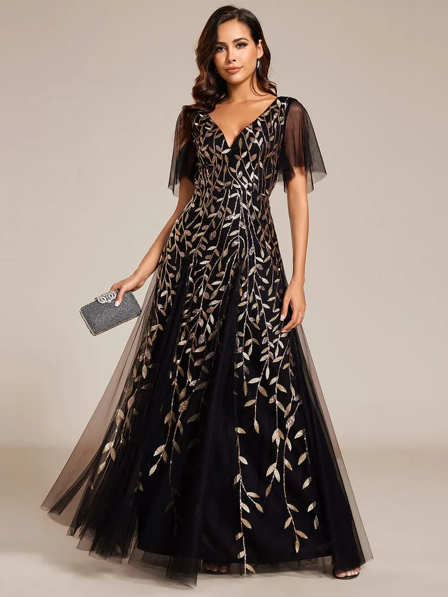 Romantic Shimmery V Neck Ruffle Sleeves Maxi Long Mother of the Bride Dress