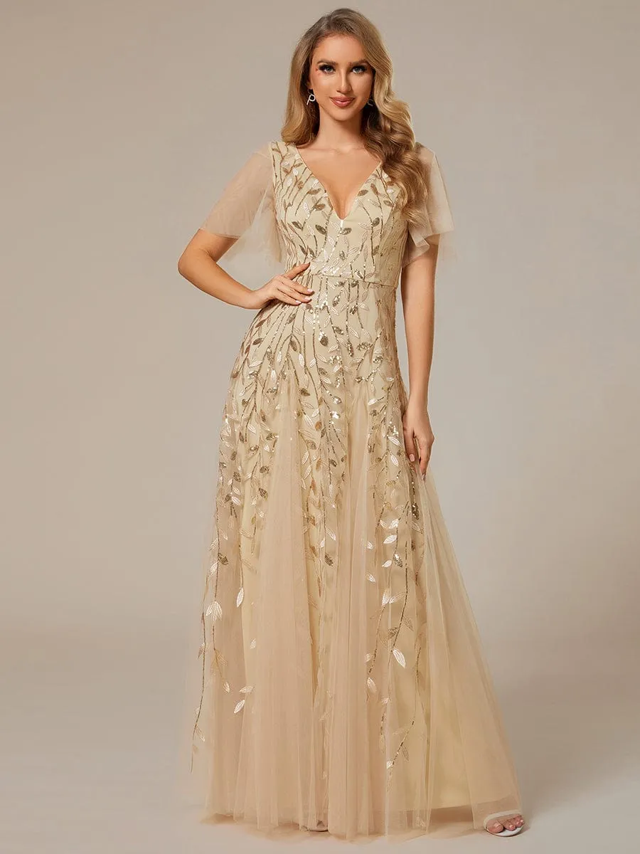 Romantic Shimmery V Neck Ruffle Sleeves Maxi Long Mother of the Bride Dress