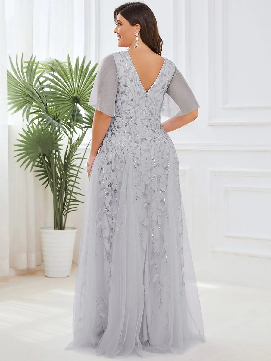 Romantic Shimmery V Neck Ruffle Sleeves Maxi Long Mother of the Bride Dress