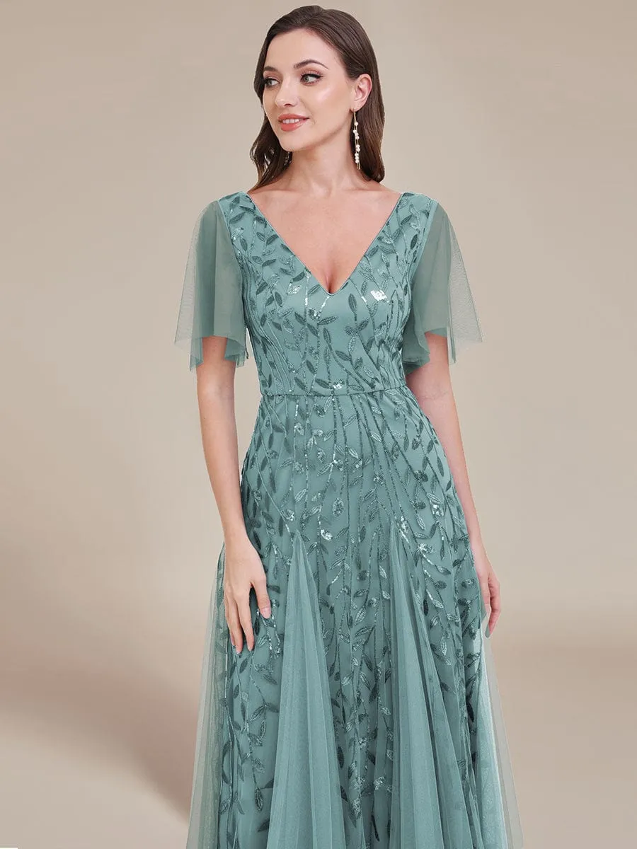 Romantic Shimmery V Neck Ruffle Sleeves Maxi Long Mother of the Bride Dress