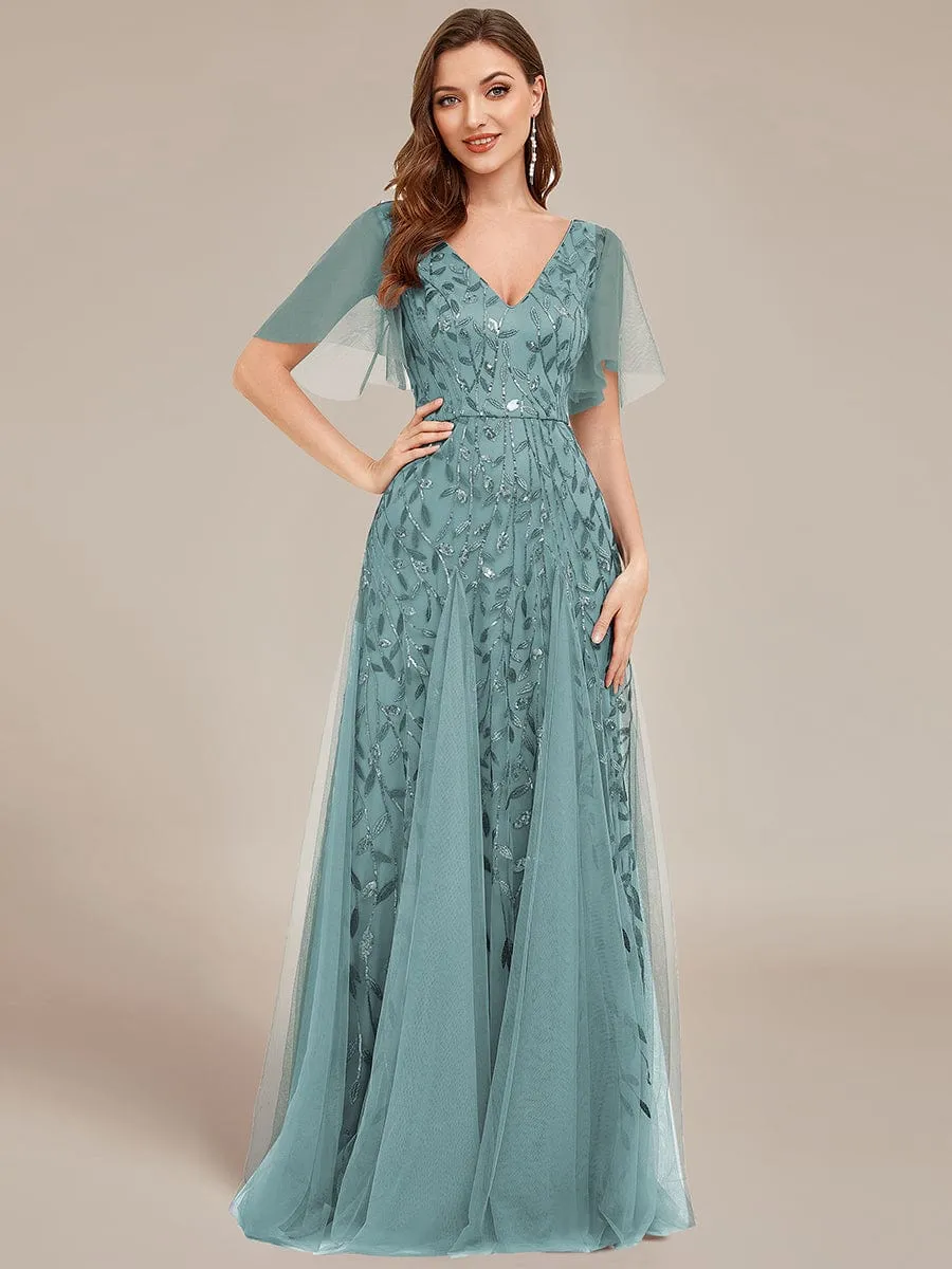 Romantic Shimmery V Neck Ruffle Sleeves Maxi Long Mother of the Bride Dress