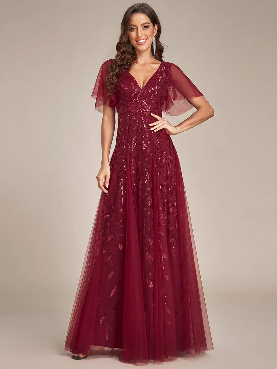 Romantic Shimmery V Neck Ruffle Sleeves Maxi Long Mother of the Bride Dress