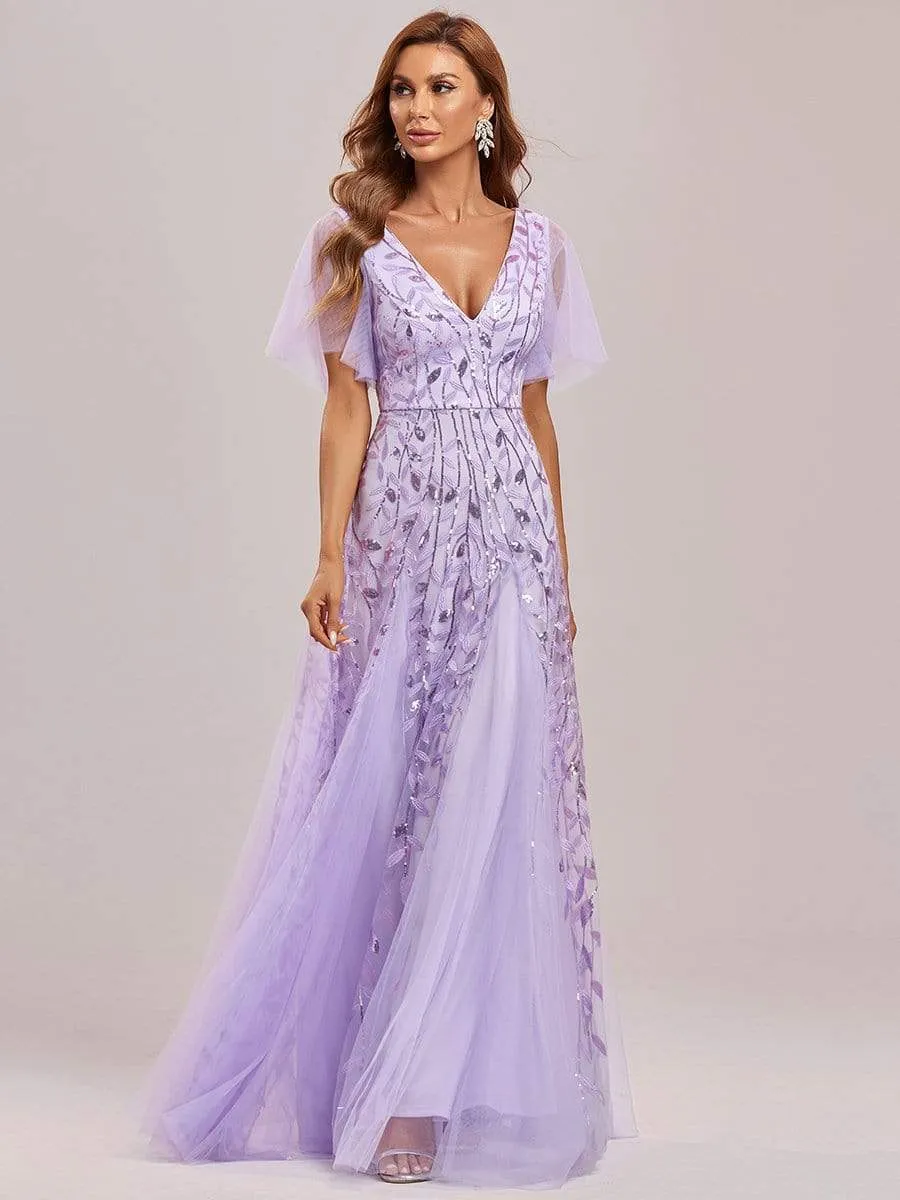 Romantic Shimmery V Neck Ruffle Sleeves Maxi Long Mother of the Bride Dress