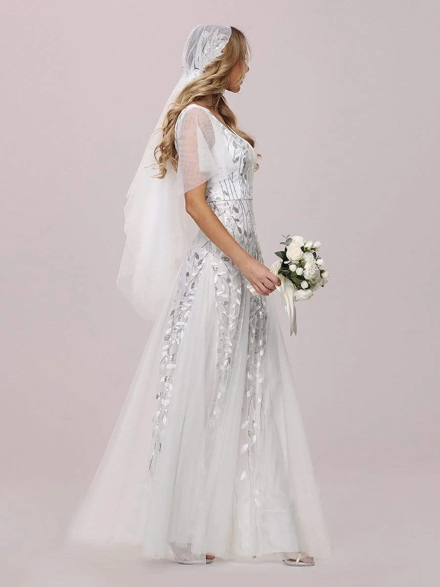 Romantic Shimmery V Neck Ruffle Sleeves Maxi Long Mother of the Bride Dress