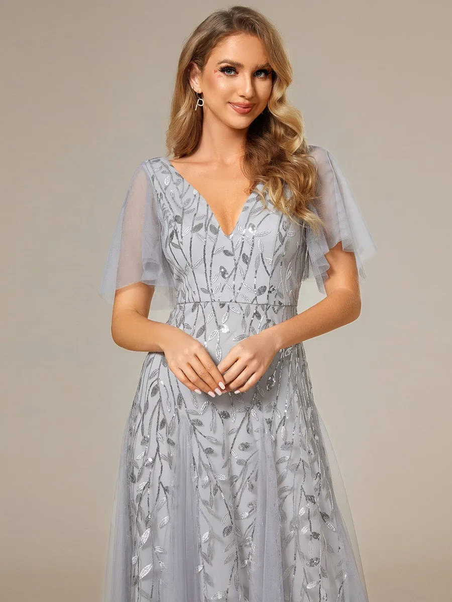 Romantic Shimmery V Neck Ruffle Sleeves Maxi Long Mother of the Bride Dress