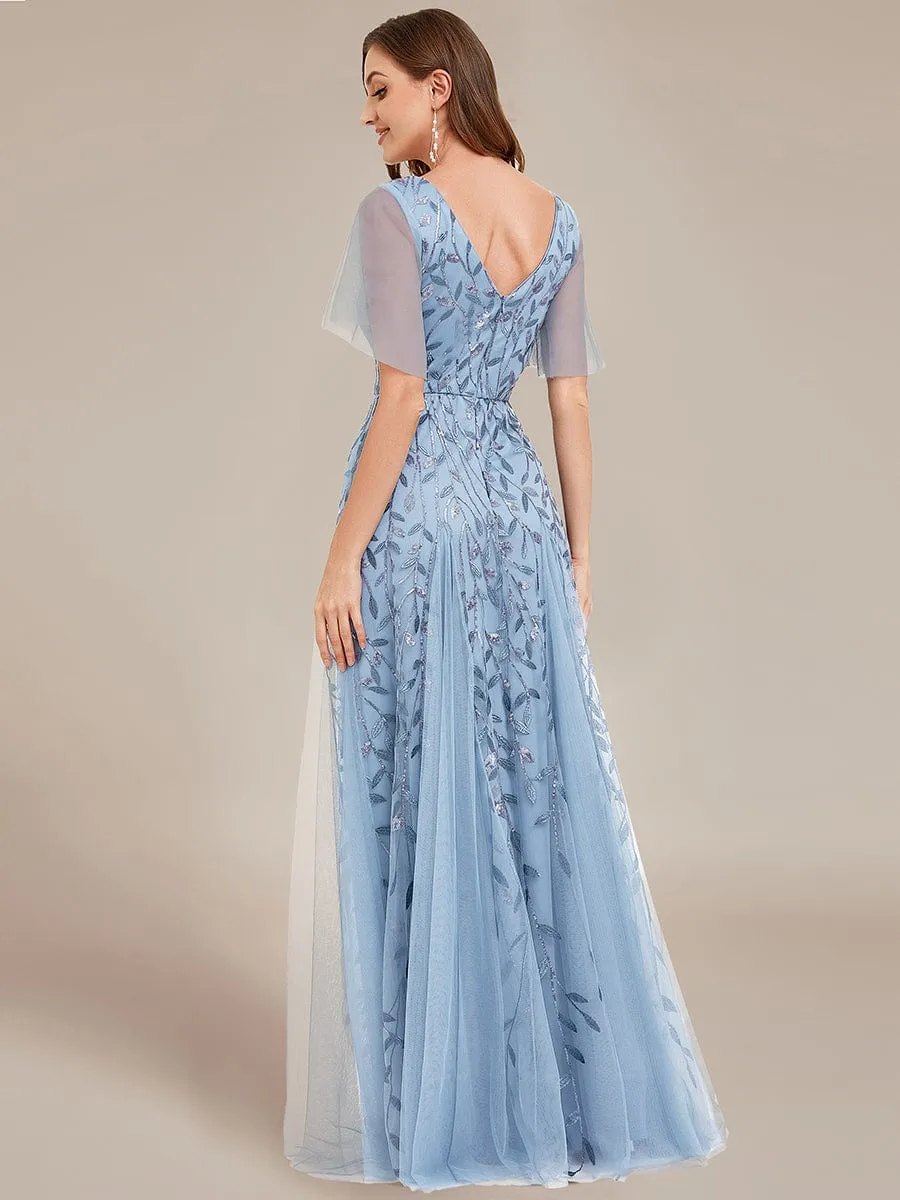 Romantic Shimmery V Neck Ruffle Sleeves Maxi Long Mother of the Bride Dress