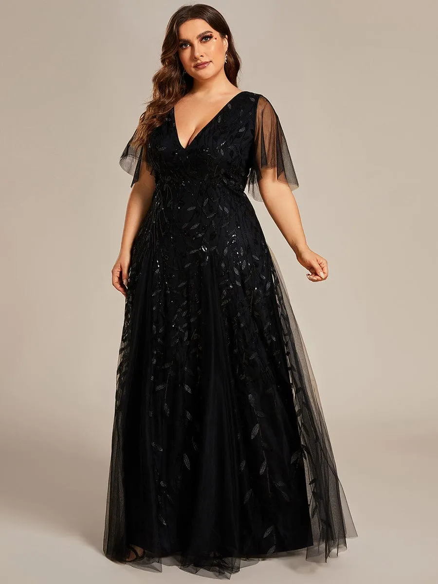 Romantic Shimmery V Neck Ruffle Sleeves Maxi Long Mother of the Bride Dress