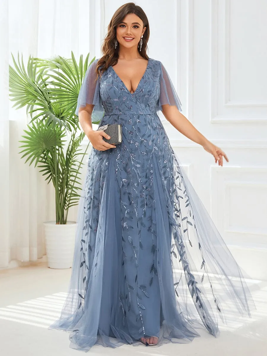 Romantic Shimmery V Neck Ruffle Sleeves Maxi Long Mother of the Bride Dress