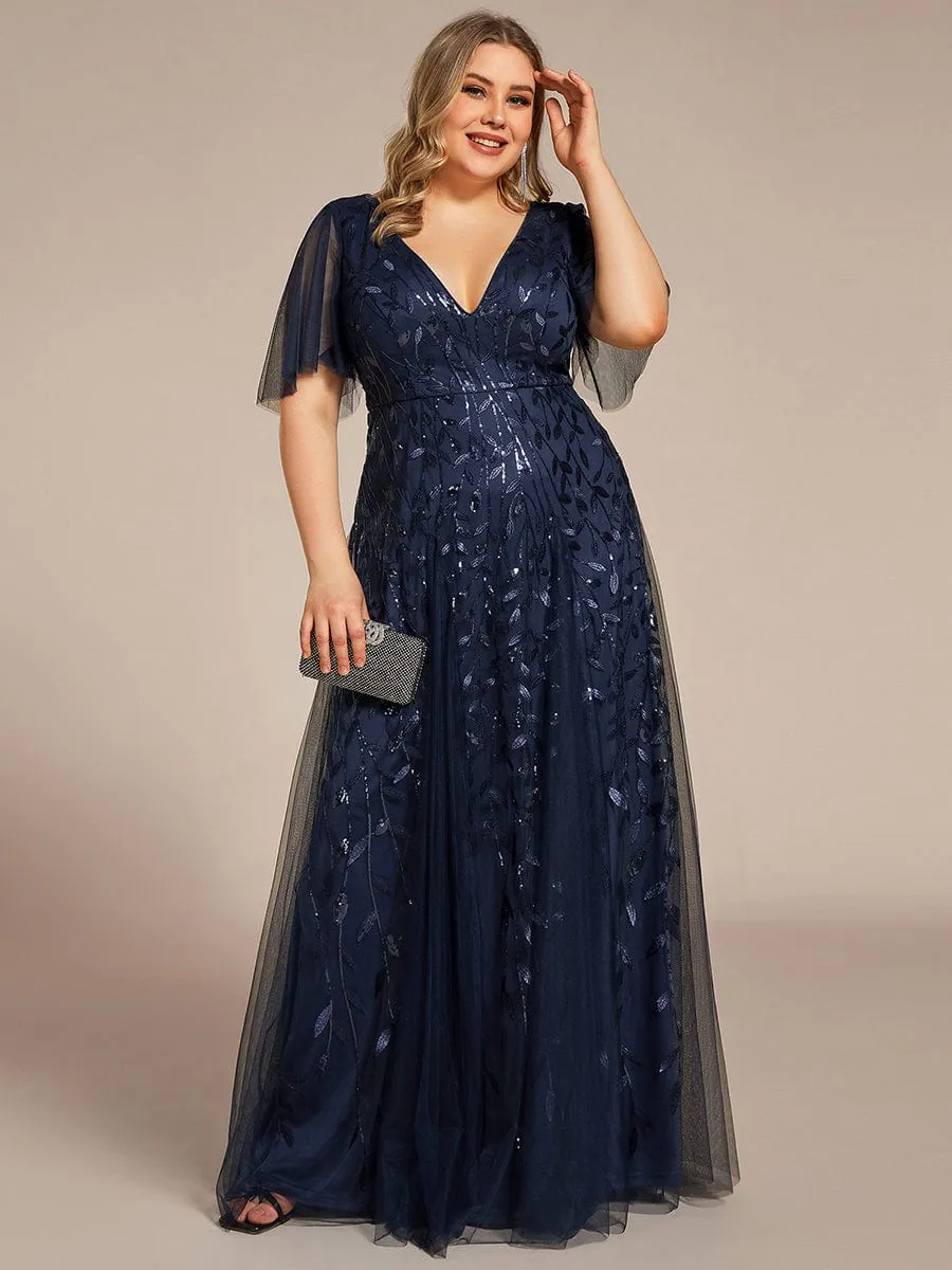 Romantic Shimmery V Neck Ruffle Sleeves Maxi Long Mother of the Bride Dress