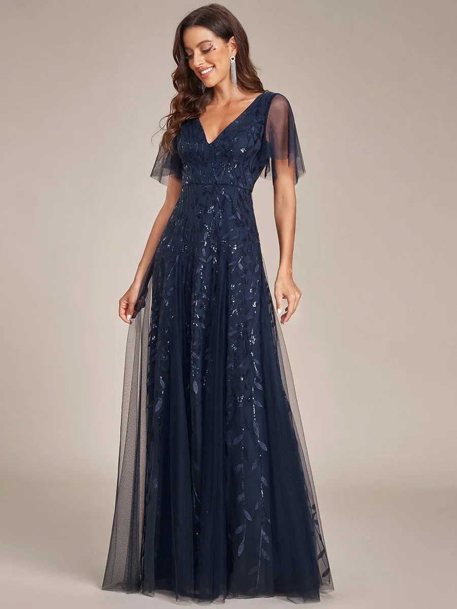 Romantic Shimmery V Neck Ruffle Sleeves Maxi Long Mother of the Bride Dress