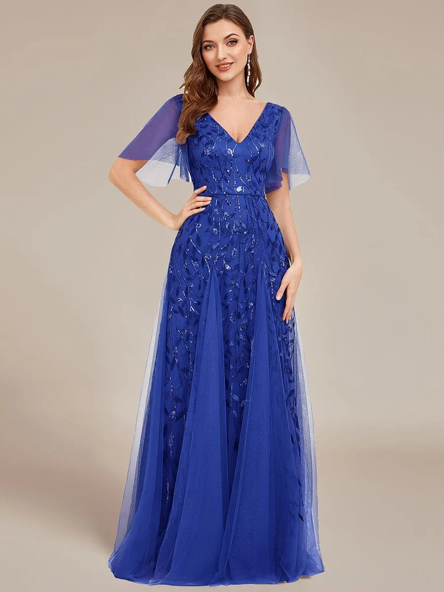 Romantic Shimmery V Neck Ruffle Sleeves Maxi Long Mother of the Bride Dress