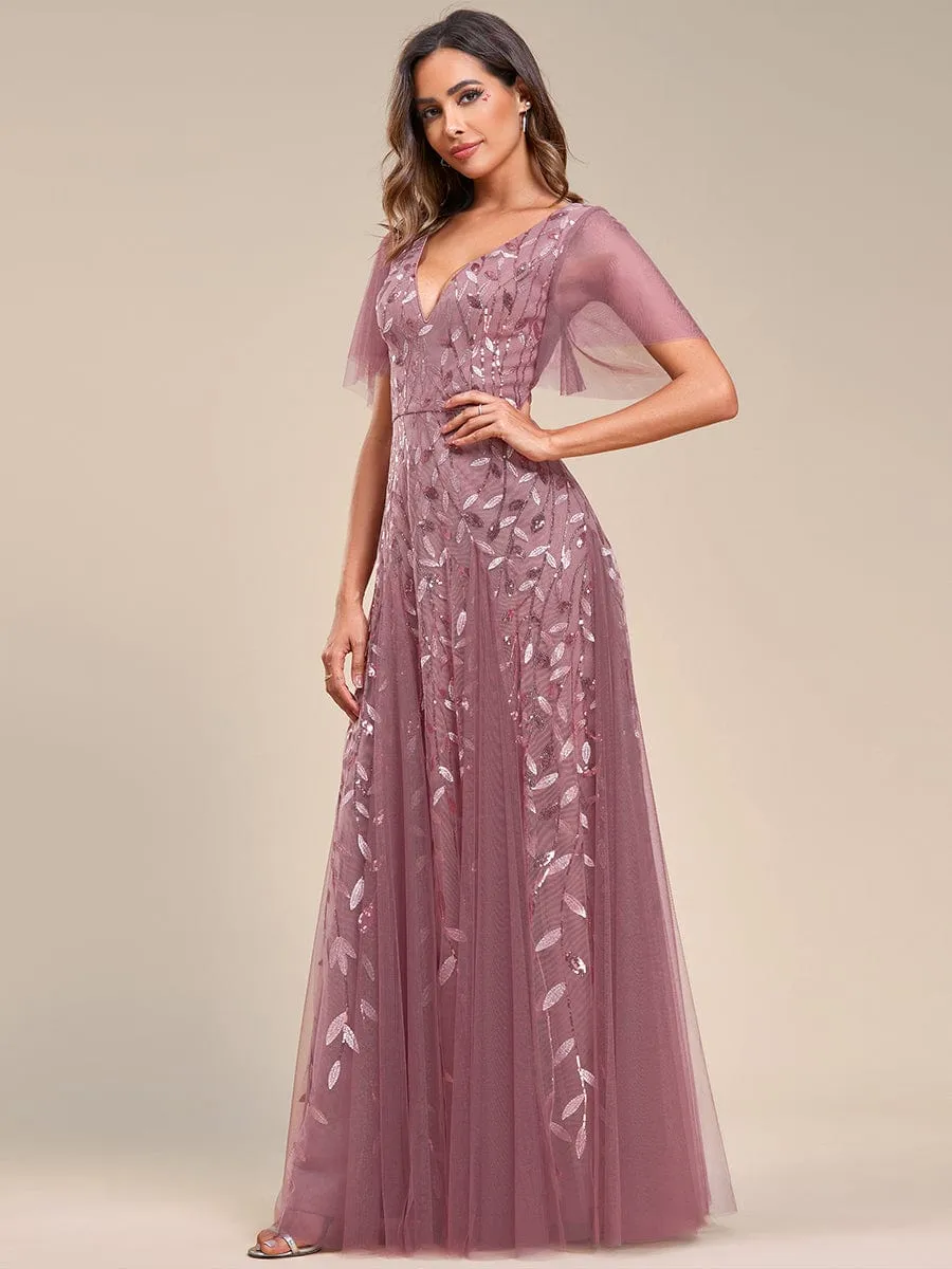 Romantic Shimmery V Neck Ruffle Sleeves Maxi Long Mother of the Bride Dress