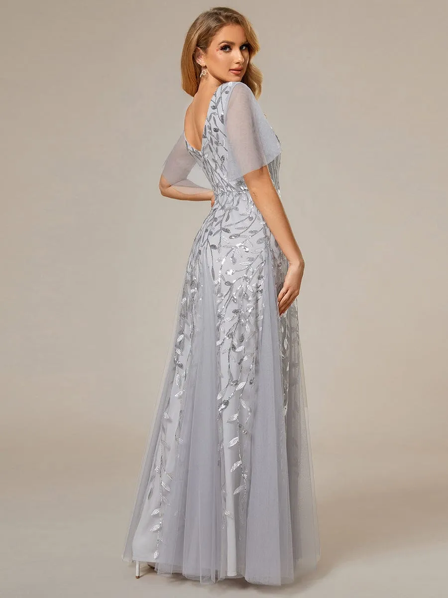 Romantic Shimmery V Neck Ruffle Sleeves Maxi Long Mother of the Bride Dress