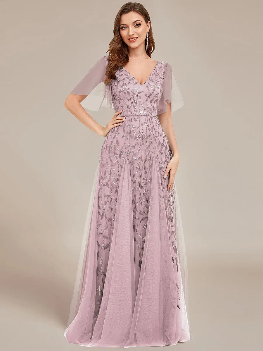 Romantic Shimmery V Neck Ruffle Sleeves Maxi Long Mother of the Bride Dress