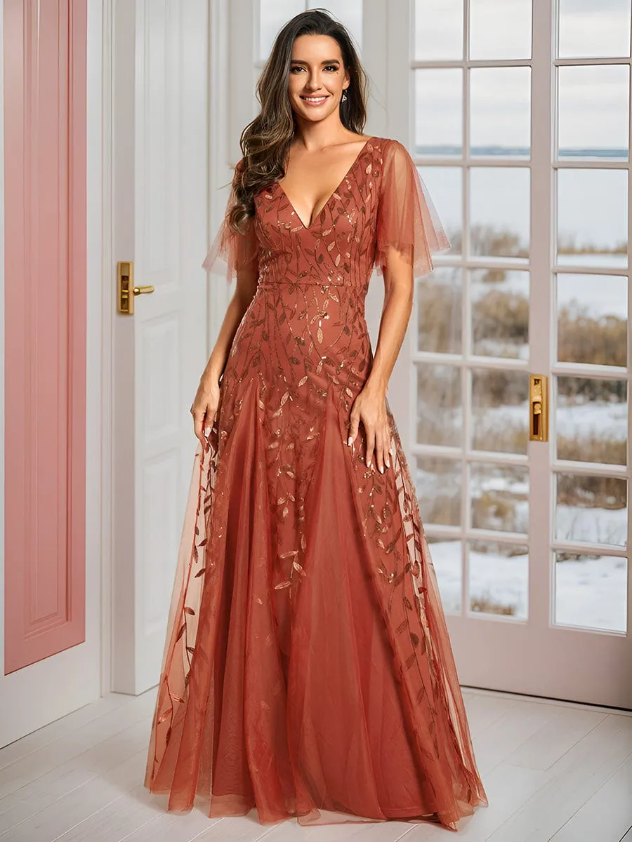 Romantic Shimmery V Neck Ruffle Sleeves Maxi Long Mother of the Bride Dress