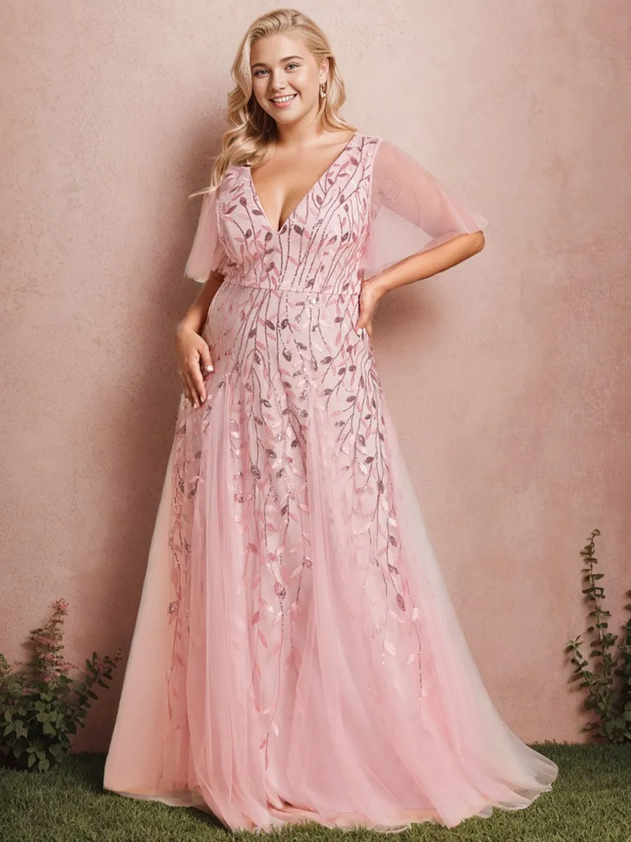 Romantic Shimmery V Neck Ruffle Sleeves Maxi Long Mother of the Bride Dress