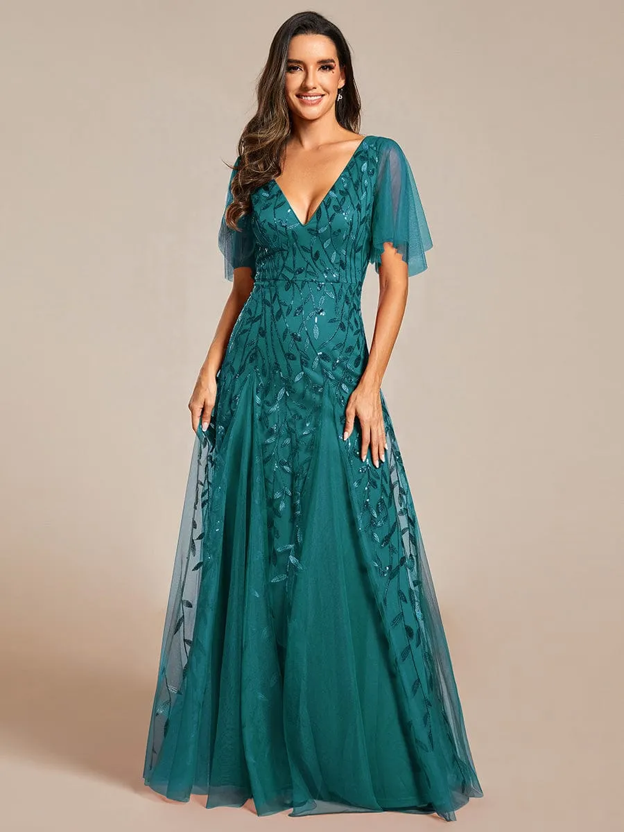 Romantic Shimmery V Neck Ruffle Sleeves Maxi Long Mother of the Bride Dress